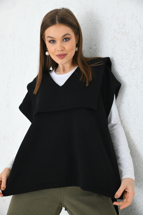  Woman Black V-Neck Side Tie Poncho Sweater
