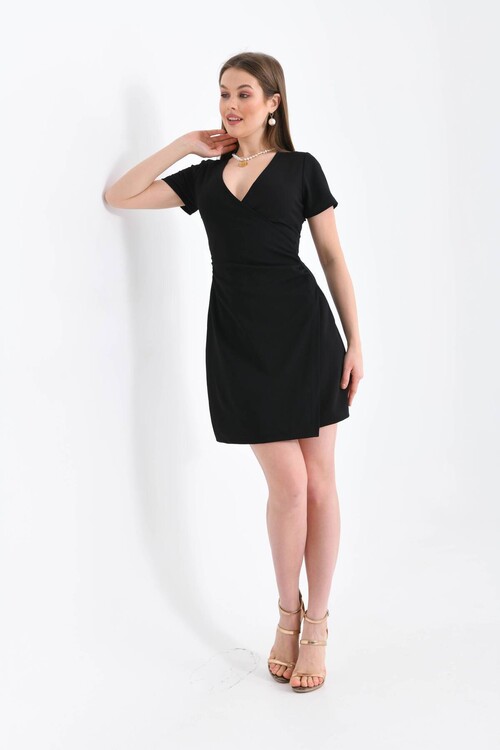 Kadın Siyah Yanı Büzgü Detaylı Kruvaze Yazlık Elbise