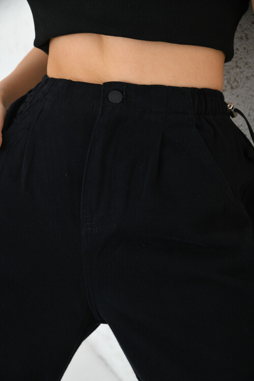 Woman Black High Waist Elastic and Pocket Detailed Cargo Pants