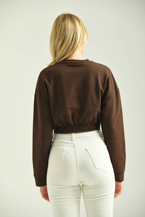 Brown Crew Neck Elastic Detailed Crop Sweatshirt