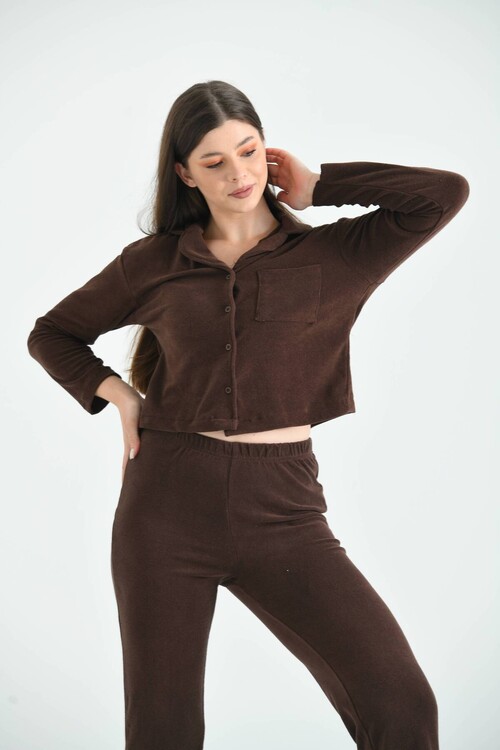Brown Pocket and Button Detailed Towel Knitted Cardigan