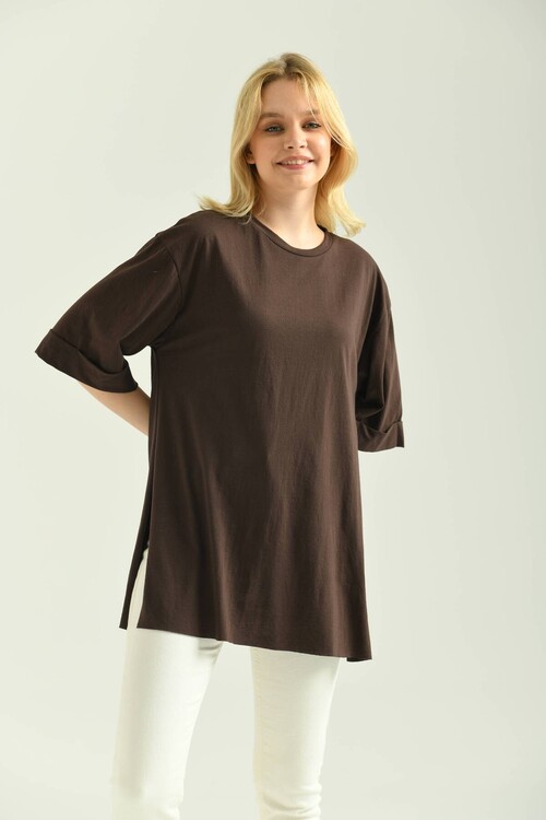 Brown Double Sleeve Wide Cut Asymmetrical Slit Knitted T-Shirt