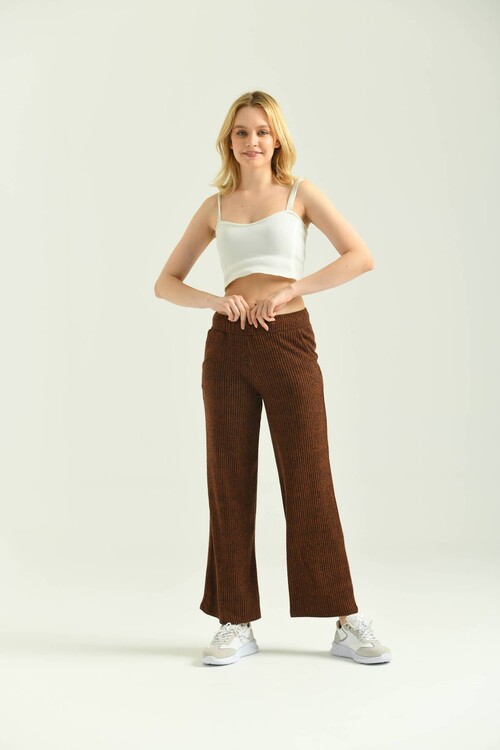 Brown Ribbed Pocket Detail Sports Knitted Trousers