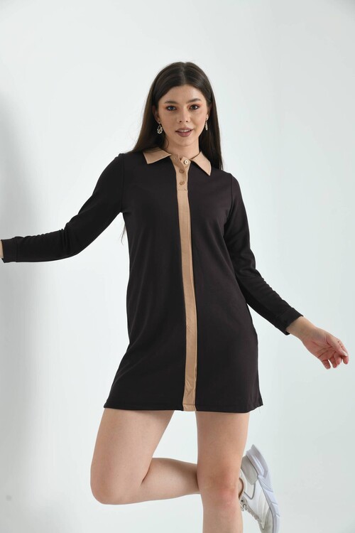 Brown Shirt Collar Mini Knitted Dress