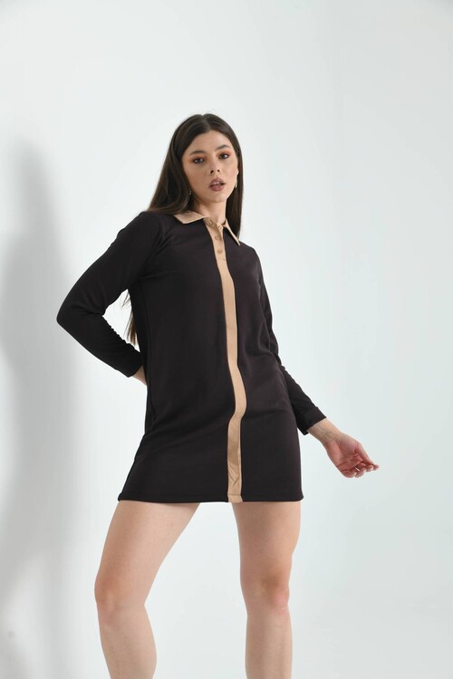 Brown Shirt Collar Mini Knitted Dress