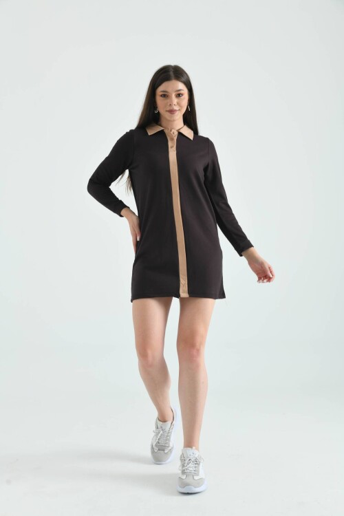 Brown Shirt Collar Mini Knitted Dress