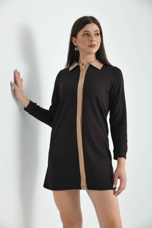 Brown Shirt Collar Mini Knitted Dress