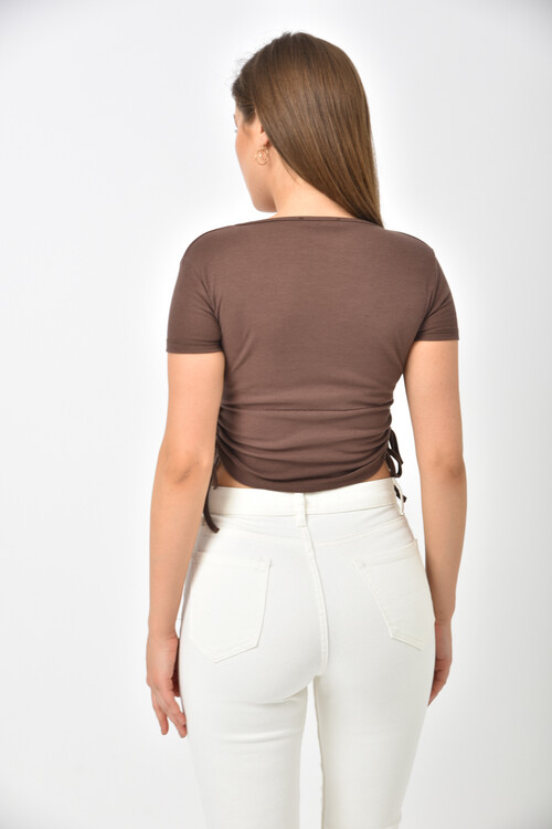 Brown Double Breasted Side Pleated Crop Blouse