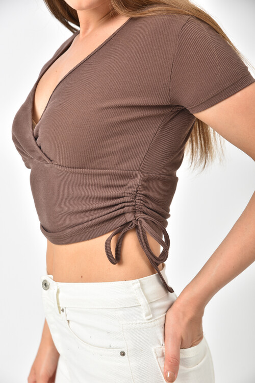 Brown Double Breasted Side Pleated Crop Blouse