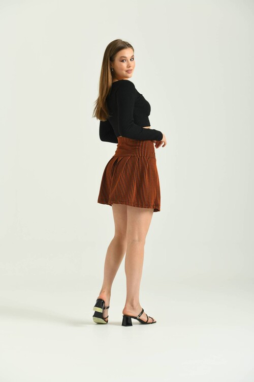 Brown Elastic Detailed Pleated Skirt