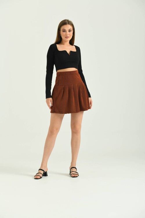 Brown Elastic Detailed Pleated Skirt