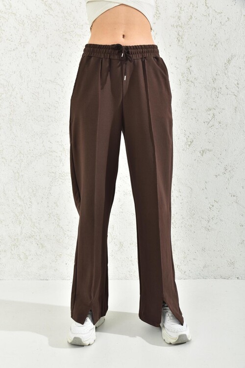 Brown Elastic Two Yarn Sweatpants With Slit Legs