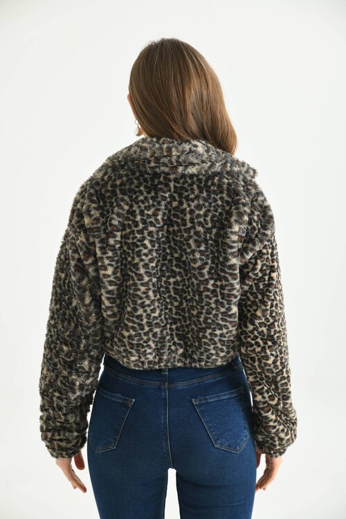 Brown Leopard Pattern Crop Plush Coat