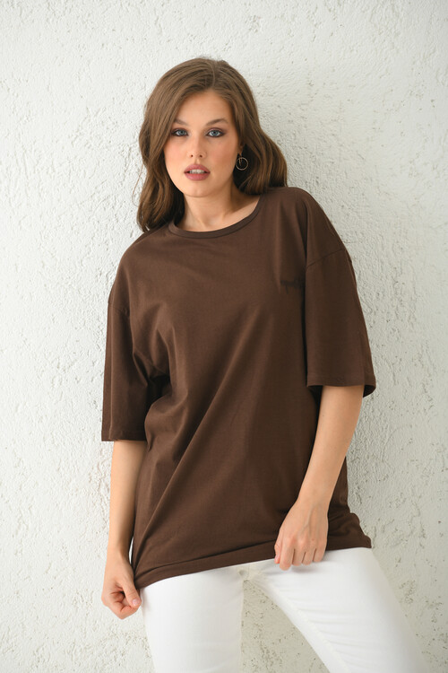 Brown Oversize Embroidery Detailed T-Shirt