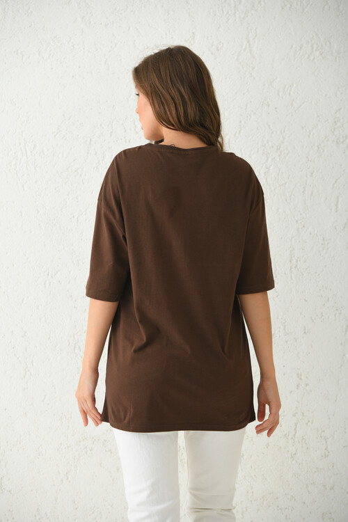 Brown Oversize Embroidery Detailed T-Shirt