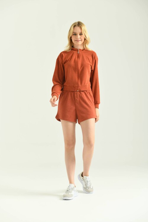Tile Button Detailed Terry Fabric Shorts