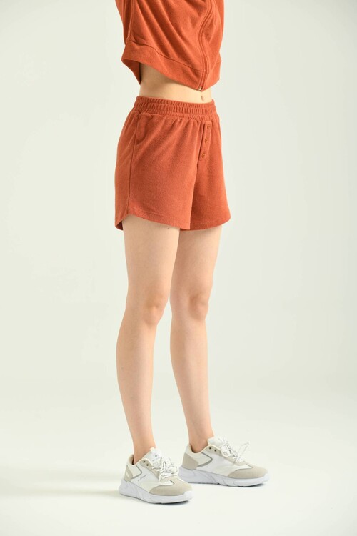 Tile Button Detailed Terry Fabric Shorts