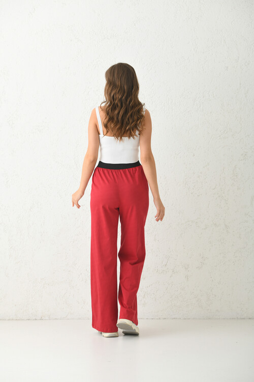 Red Waist Black Elastic Detail Straight Leg Pajama Bottoms