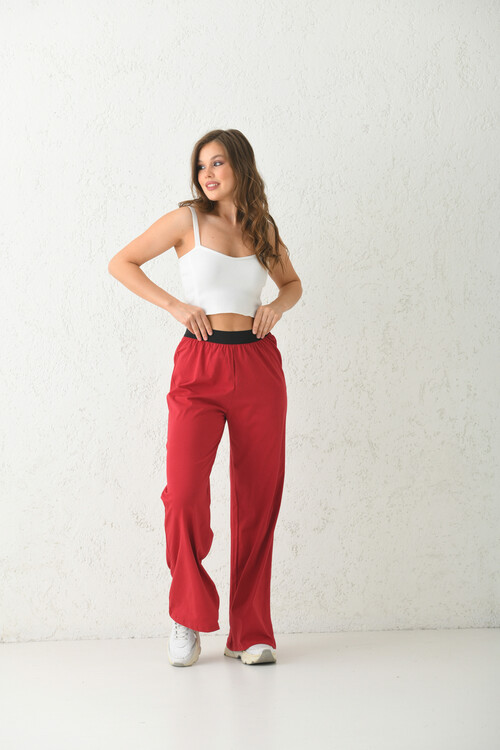 Red Waist Black Elastic Detail Straight Leg Pajama Bottoms