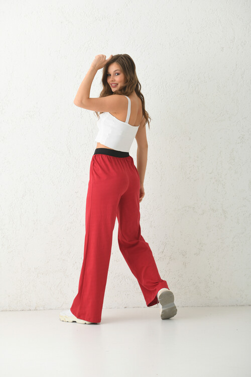 Red Waist Black Elastic Detail Straight Leg Pajama Bottoms