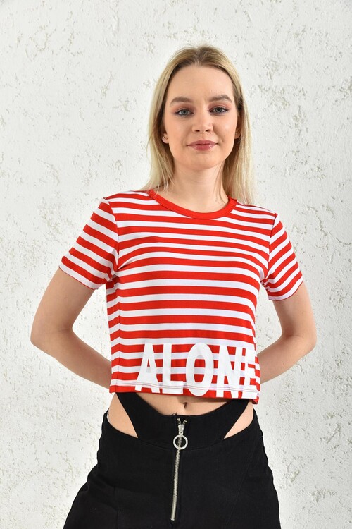 Red Crew Neck Alone Printed Crop Blouse