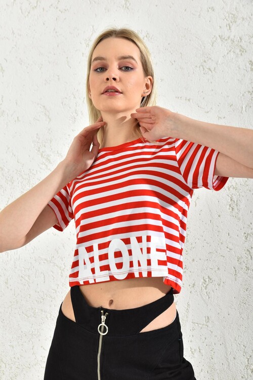Red Crew Neck Alone Printed Crop Blouse