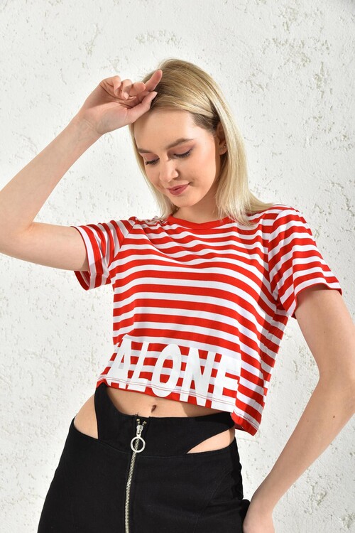Red Crew Neck Alone Printed Crop Blouse