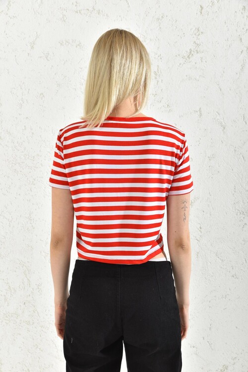 Red Crew Neck Alone Printed Crop Blouse