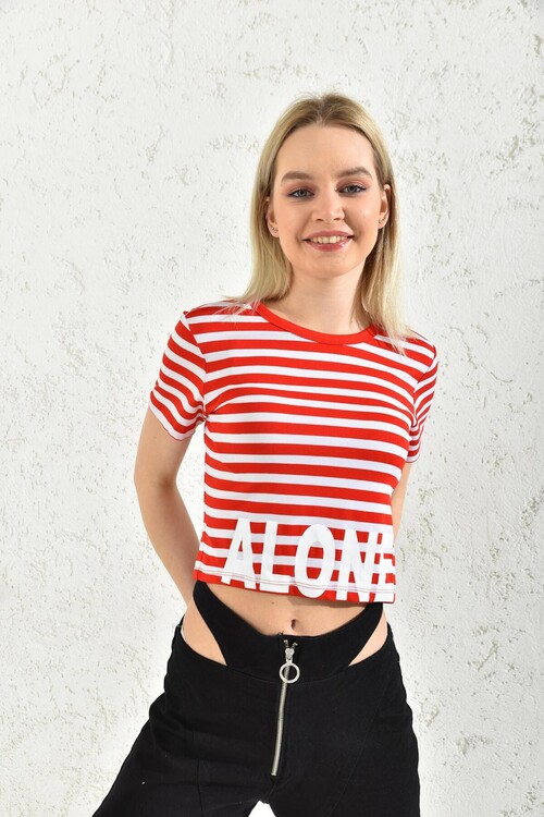 Red Crew Neck Alone Printed Crop Blouse