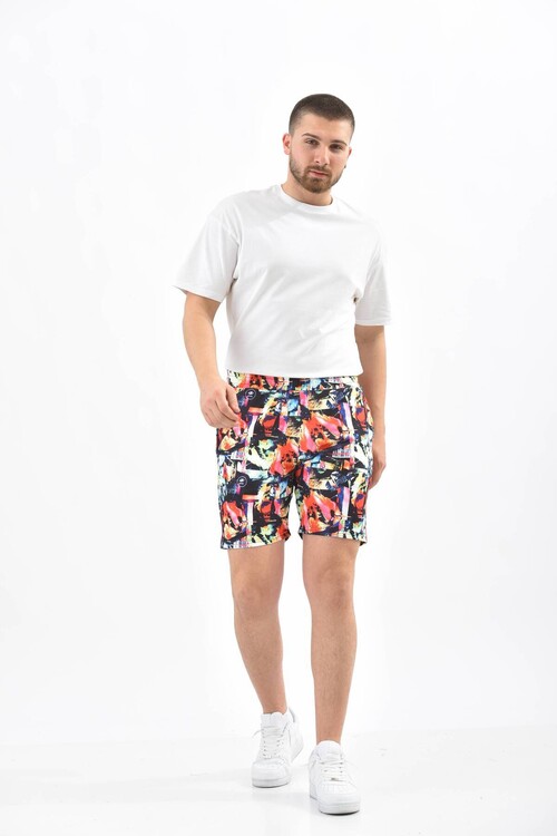 Red Mixed Color Patterned Elastic Shorts