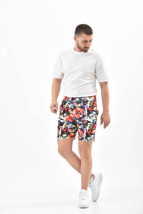 Red Mixed Color Patterned Elastic Shorts
