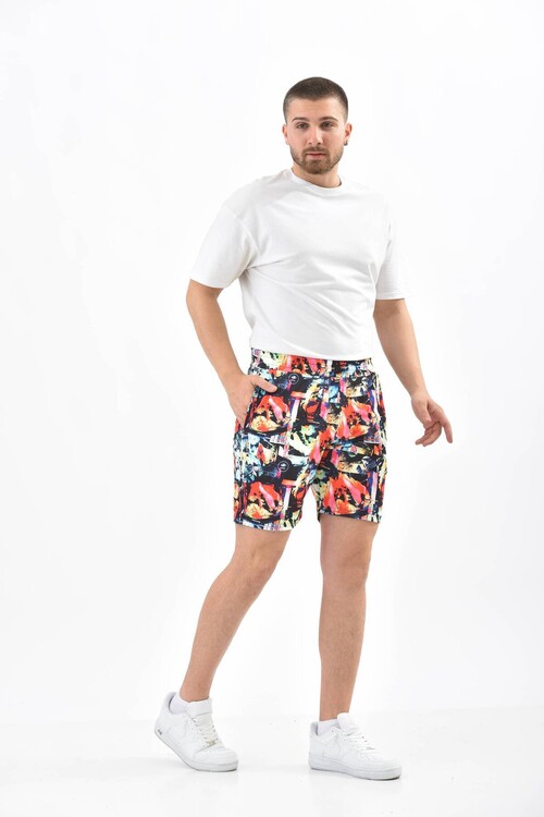 Red Mixed Color Patterned Elastic Shorts