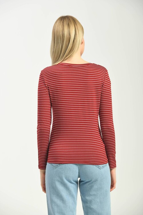 Red Knitted Long Sleeve Striped T-Shirt