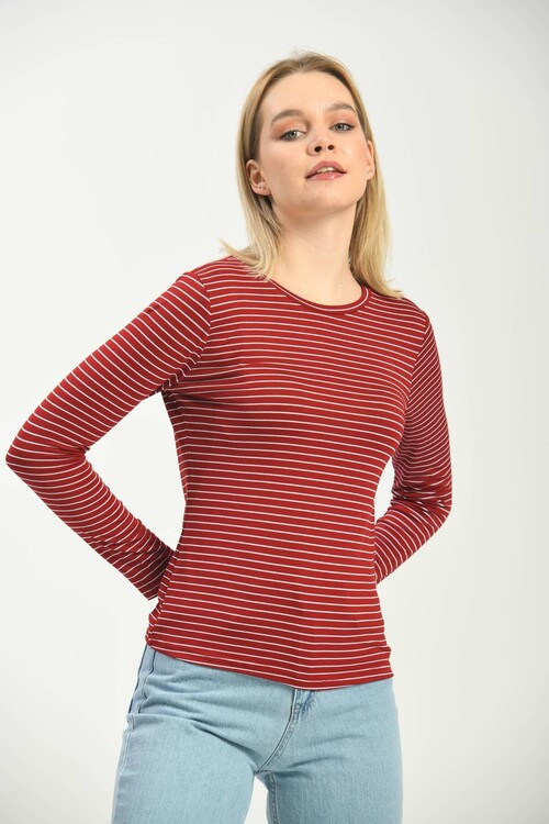 Red Knitted Long Sleeve Striped T-Shirt