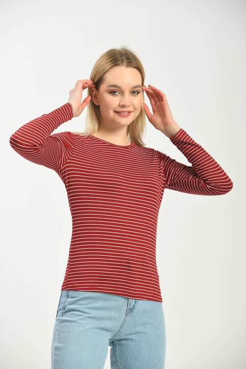 Red Knitted Long Sleeve Striped T-Shirt