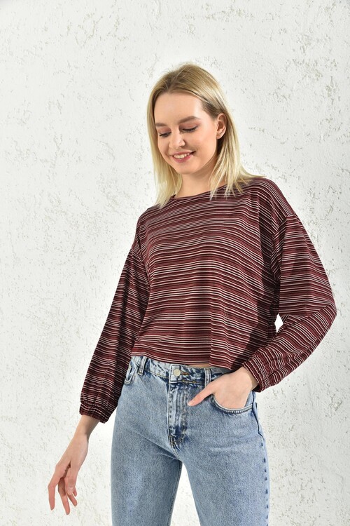 Red Elastic Back and Sleeve Tire Detailed Blouse