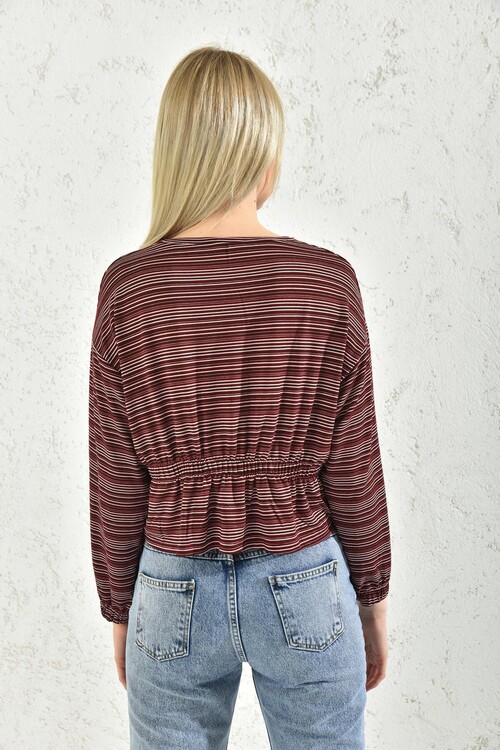 Red Elastic Back and Sleeve Tire Detailed Blouse