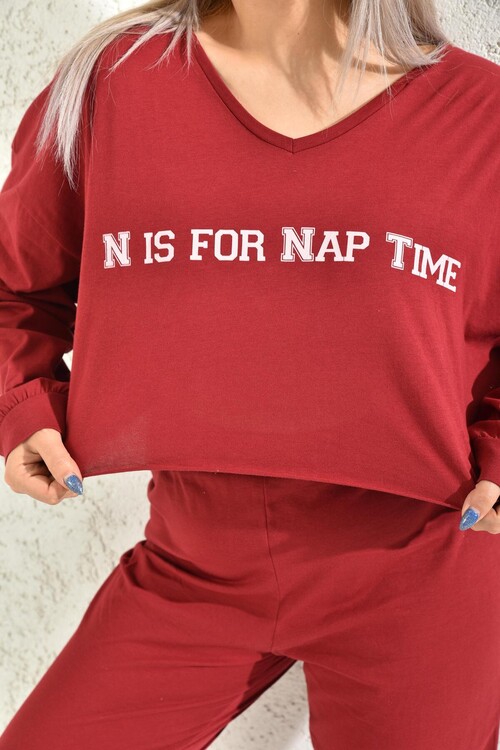 Red V-Neck Elastic Detailed Pajamas Set