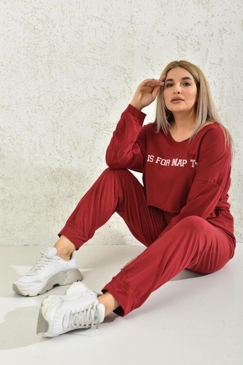 Red V-Neck Elastic Detailed Pajamas Set