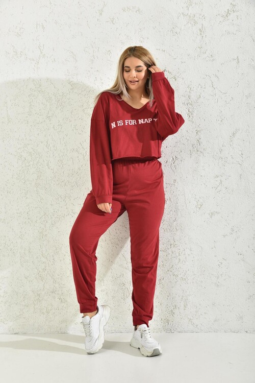 Red V-Neck Elastic Detailed Pajamas Set