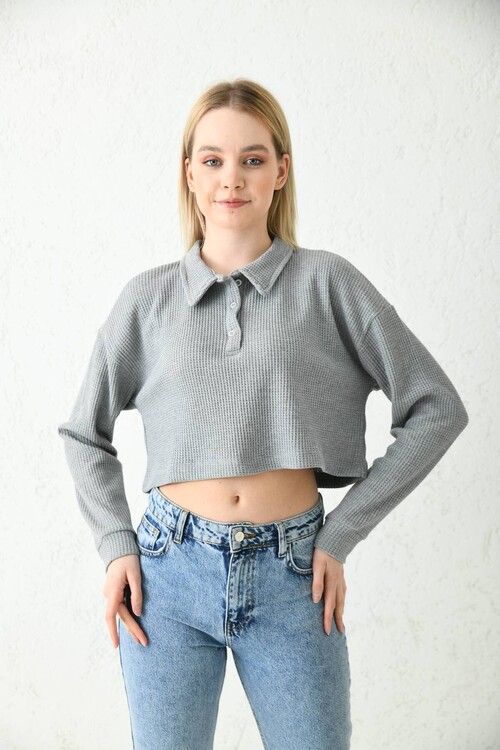 Dark Gray Polo Neck Crop Blouse