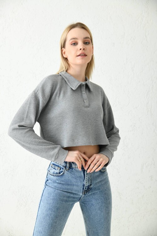 Dark Gray Polo Neck Crop Blouse