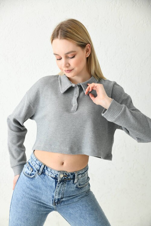 Dark Gray Polo Neck Crop Blouse