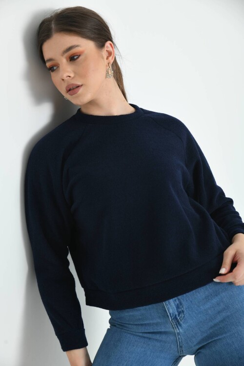 Navy Blue Basic Towel Knitted Sweatshirt