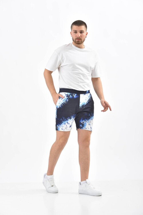 Navy Blue Tie-Dye Patterned Elastic Waist Shorts