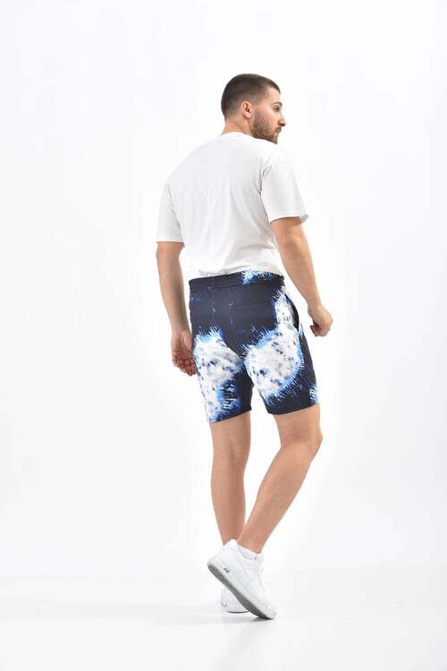 Navy Blue Tie-Dye Patterned Elastic Waist Shorts