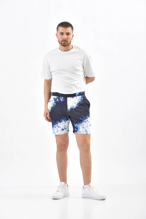 Navy Blue Tie-Dye Patterned Elastic Waist Shorts