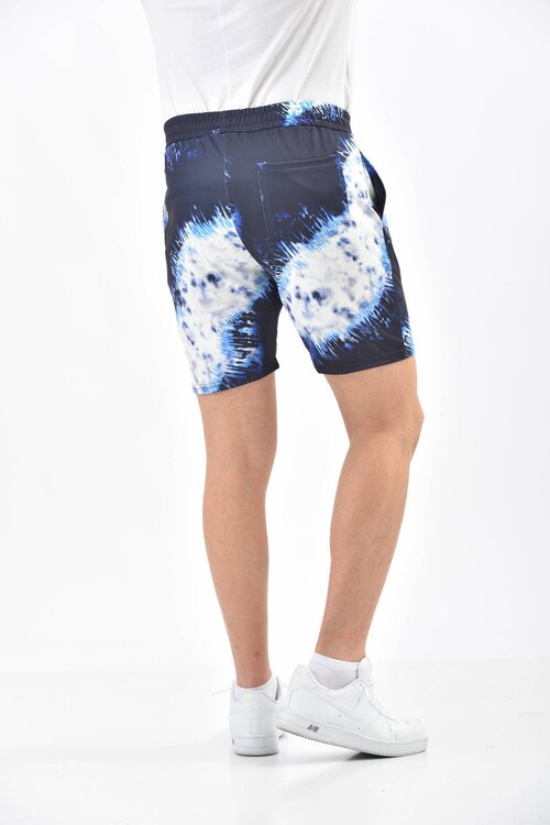 Navy Blue Tie-Dye Patterned Elastic Waist Shorts