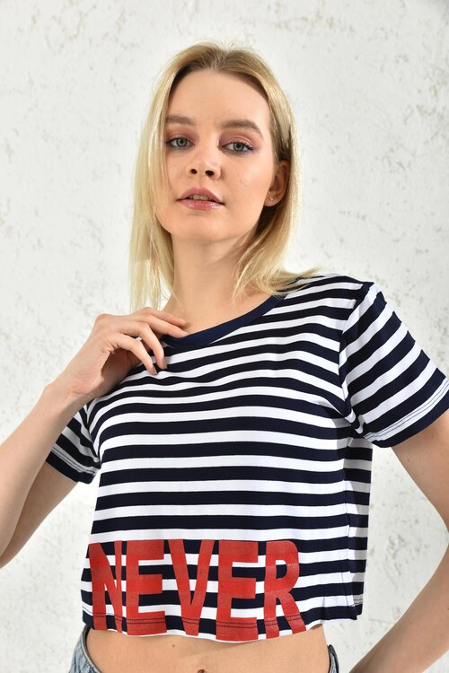 Navy Blue Crew Neck Print Detailed Crop Blouse