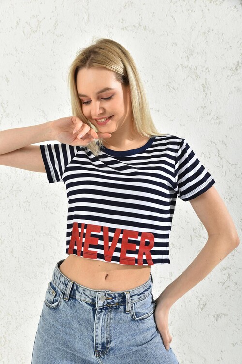 Navy Blue Crew Neck Print Detailed Crop Blouse